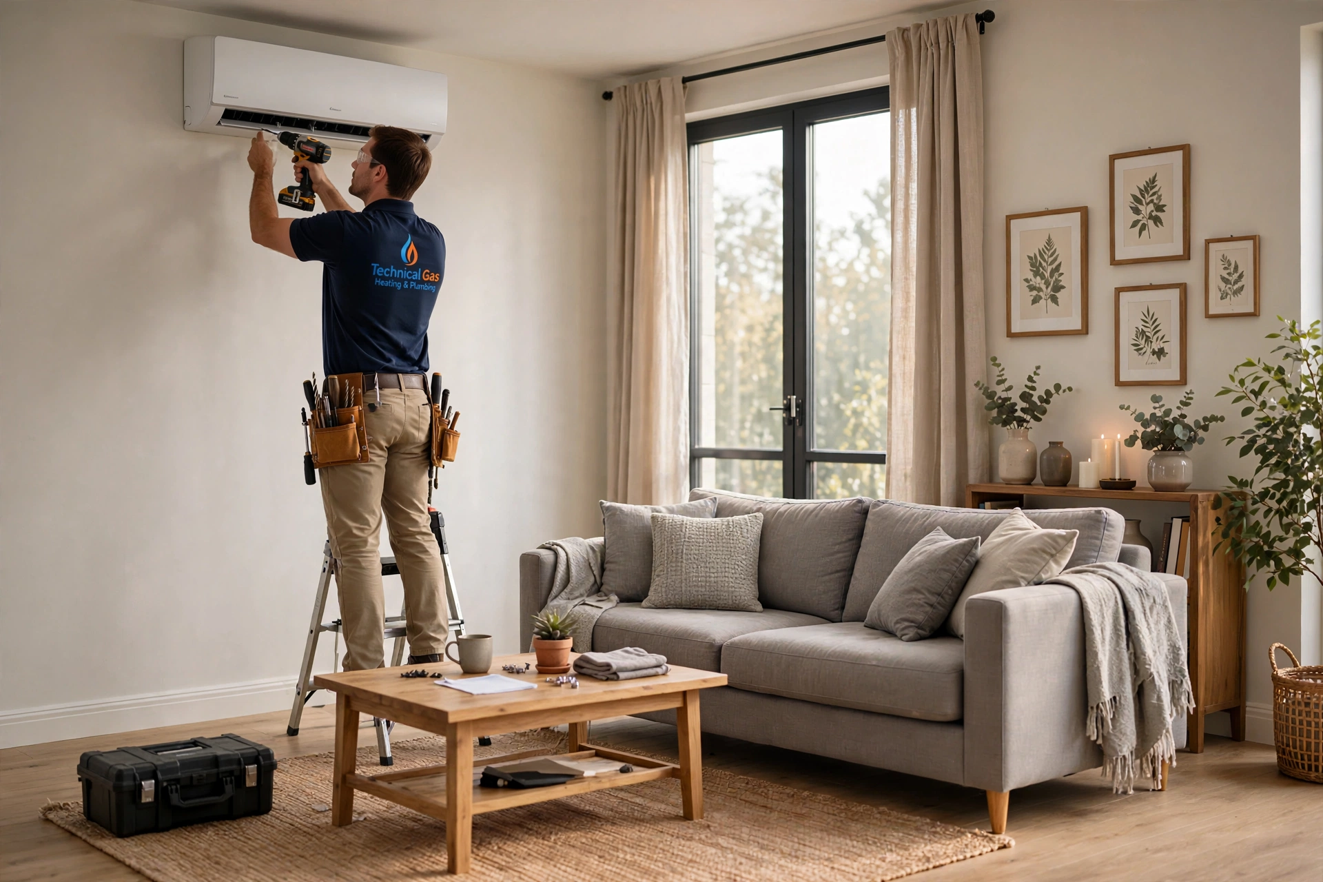 Air conditioning unit being installed in a living room